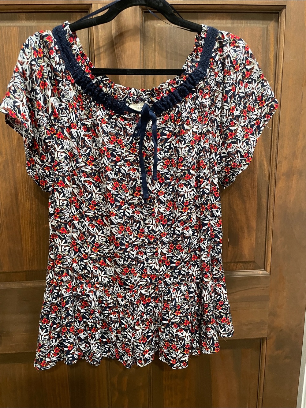 easel Navy Floral Peplum Top with Red and White Accents